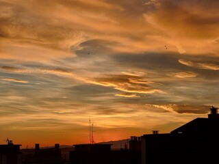 Amazing colorful sunset in Tarragona, Spain, beautiful palette of colors on the sky