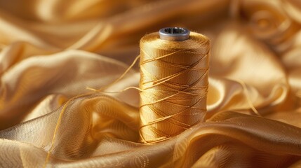 Golden thread spool with thimble on shiny chiffon material