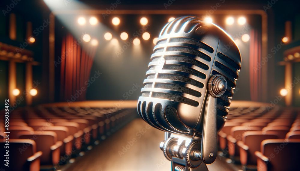 Poster A vintage microphone on stage with a blurred theater auditorium in the background, representing the concept of performance and public speaking. Generative AI