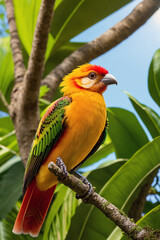 Obraz premium Colorful tropical bird in jungle on a sunny day. Rainforest illustration with bright beautiful birdie among exotic plants with big leaves. Background with pristine nature landscape