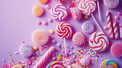 pastel sweets. Lollipops and candies on purple background, Top view - Powered by Adobe