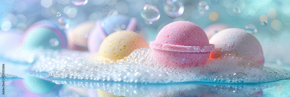 Poster close-up of colorful bath bombs floating in a bath with white foam. generative ai