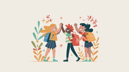 Fototapeta premium A flat design depiction of a character greeting their school friends in the morning, exchanging smiles and high-fives. The minimalist background captures the camaraderie and positive social