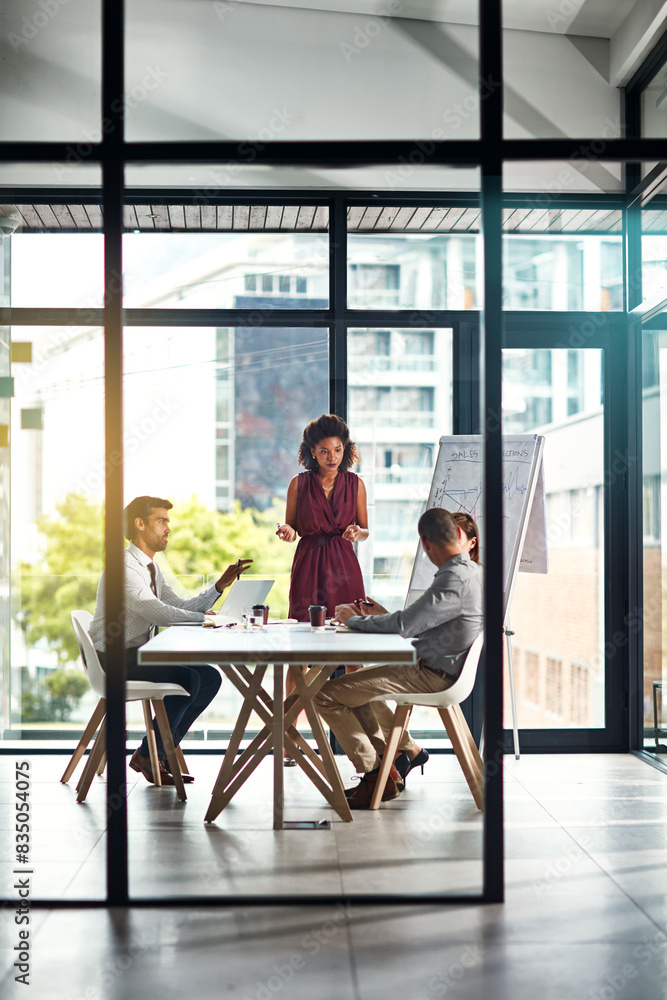 Wall mural Proposal, presentation and business people in meeting with woman for planning, strategy and ideas. Advice, office and team in conference room together for discussion on growth, development or support