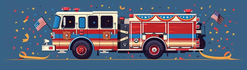 An icon of a firetruck adorned with American flags and bunting, often seen in local parades