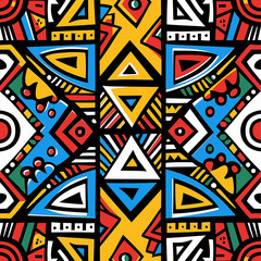 A vibrant, colorful tribal pattern with geometric shapes and intricate patterns in the style of African art. The design includes bold colors like reds, blues, yellows and greens