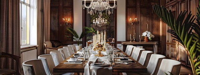 Elegant Formal Dining Room Setting with Statement Chandelier and Wooden Table