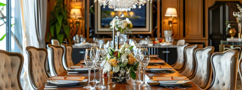 Elegant Dining Room Set for an Upscale Dinner Party with Chandelier and Wooden Table