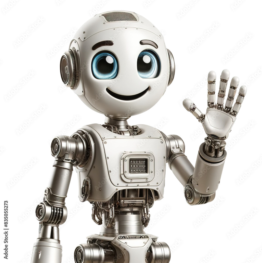 Poster a robot on a transparent background 4 with a friendly smile waves its hand, for design and presentat