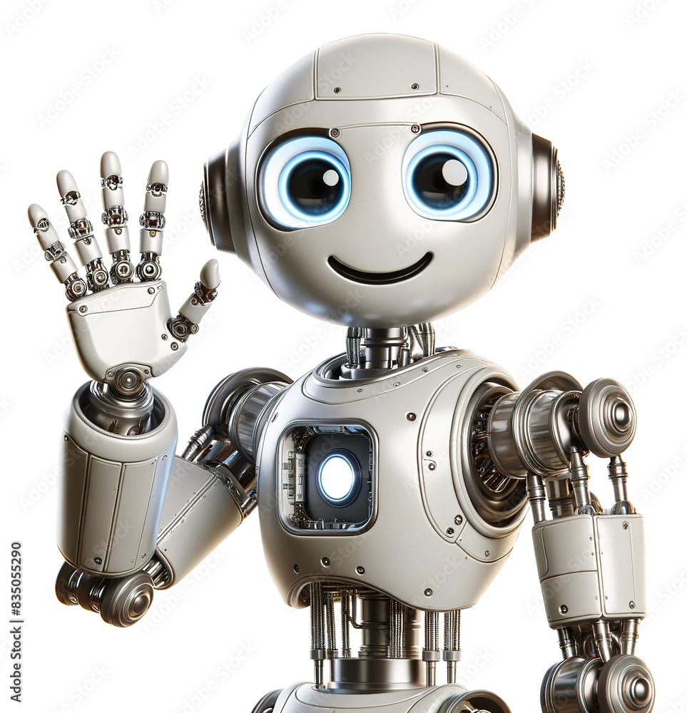 Poster a robot on a transparent background 3 is waving a friendly hand, for design and presentations