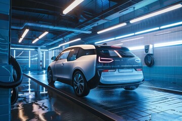 Fototapeta premium As my electric car moved through the automatic car wash, the machine's stages of service, including foaming, scrubbing, and rinsing, left it wet and gleaming