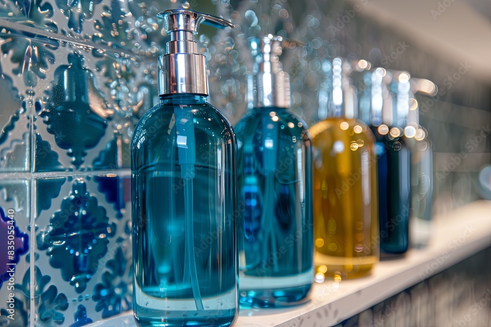 Poster close-up shot of stylish shampoo and conditioner bottles arranged on a bathroom shelf. generative ai