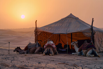 Camels Resting by a Traditional Desert Tent at Sunset in the Sahara Desert