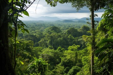 a view of a lush green forest from a distance, A panoramic view of an Amazon rainforest from treetop level