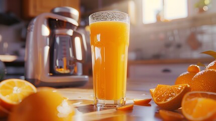 Freshly Squeezed Orange Juice in a Tall Glass with Citrus Fruits and Juicer Appliance in the Background