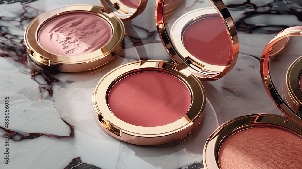 Poster close-up of compact cases with powder and blush arranged on a marble surface, showcasing rich colors