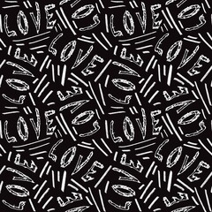 Seamless abstract pattern with white hearts. Black, white. Illustration. Valentine's Day. Brush strokes lines. Designs for textile fabrics, wrapping paper, background, wallpaper, cover.