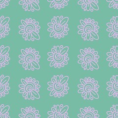 Seamless abstract botanical pattern. Violet ethnic flowers on green background. Design for textile fabrics, wrapping paper, background, wallpaper, cover. Illustration.
