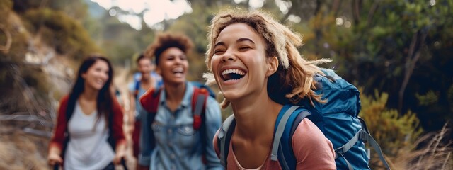Fototapeta premium Joyful Friends Hiking on Scenic Trail Supporting Each Other s Adventure