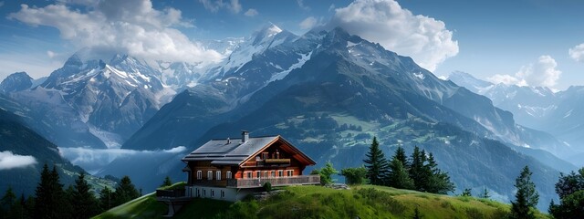 Fototapeta premium Majestic Alpine Chalet Nestled in a Breathtaking Mountain Landscape