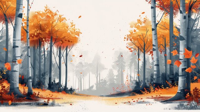An illustration of crisp air in a quiet forest during early autumn. The minimalist design highlights the subtle changes in the environment, such as the slight rustling of leaves and the cool,