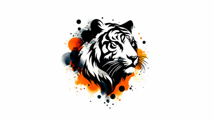 Orange and black paint brush strokes and patter for tiger in watercolor, on white background