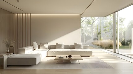 Fototapeta premium Minimalist and Elegant Modern Living Room with Natural Lighting and Sleek Furnishings