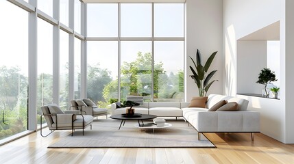 Fototapeta premium Minimalist and Modern Living Room with Large Windows and Natural Light