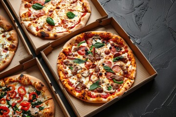 A collection of different pizza boxes on black background.