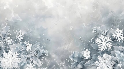 A soft grey background with delicate snowflakes falling, creating an atmosphere of serene winter magic for holiday cards or design projects.