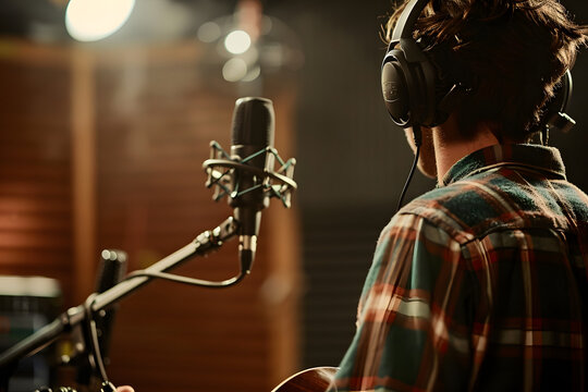 Male musician in recording studio with headphones performing, singing, and playing guitar in front of professional microphone setup and soundproofing during evening session