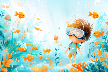 A young boy wearing scuba diving swimming with jellyfish and fish in ocean