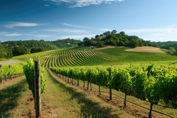 Naklejka premium a vineyard field with a sunset in the background, A sunny vineyard set against a backdrop of a small hill