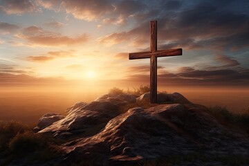 a cross on a hill with a sunset in the background, A sunrise scene depicting a wooden cross on a hill, reflecting the theme of Easter resurrection