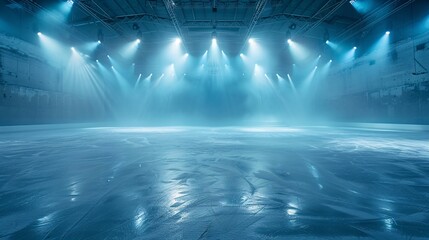 Frozen Elegance a stunning panorama of an empty ice rink softly lit by spotlights against a tranquil winter setting, ideal for text overlay