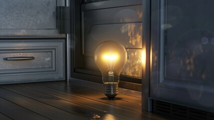 Icy Ideas Light Bulb in Refrigerator on Hardwood Surface Chilling or Deliberate Progress of Conceptual Thoughts Three Dimensional Render