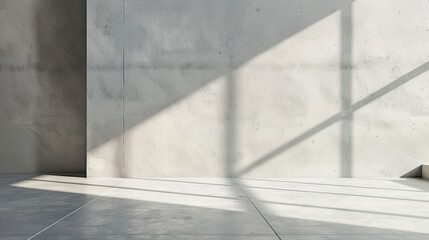 Minimalistic abstract light grey wall background for product presentation with sunlight shadow 