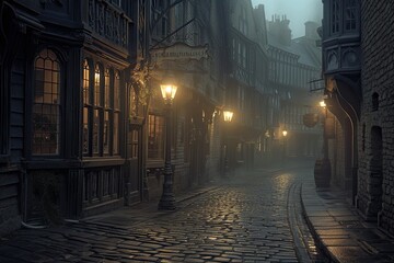 a street with a light on and a building in the background, A Victorian-era London street with cobblestones and gas lamps © SaroStock