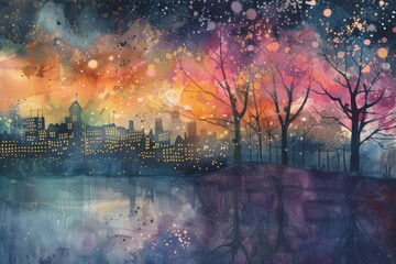 a painting of a sunset over a river, Art Deco cityscape illuminated by golden light and geometric patterns