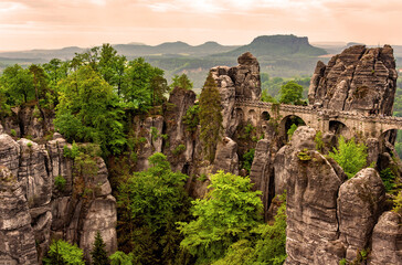 Bastei Bridge and Mesa Lilienstein, Saxon Switzerland, Saxony, Germany, Europe.