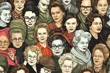 a group of women with different colored faces, A whimsical composition of cartoon-style drawings of iconic women who made history