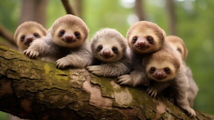 three baby sloths are sitting on a branch, Baby sloths holding onto tree branches - Powered by Adobe