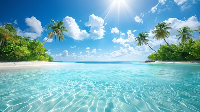A refreshing tropical beach scene with crystal clear waters, white sandy shore, and lush palm trees under a bright blue sky, isolated on white background with copy space