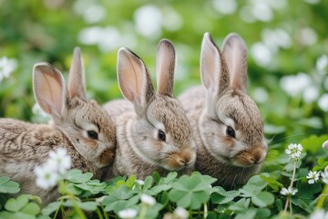 Fototapeta premium three rabbits are sitting in the grass together, Bunnies enjoying carrots in a field of clover