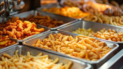 Obraz premium A variety of fried foods are displayed in a buffet line