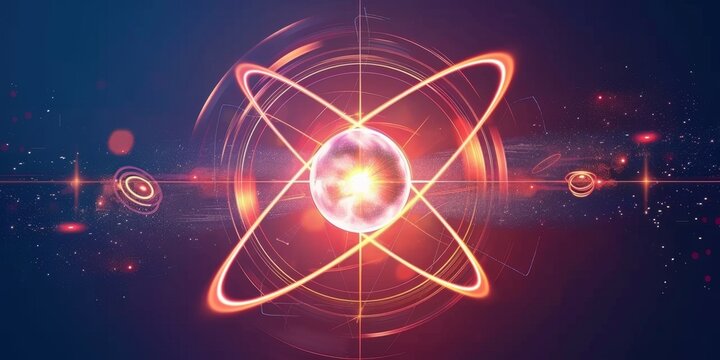 Digital illustration of an atom with glowing particles and orbits on a dark background.