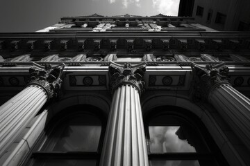a tall building with columns and a clock on the top, Capture the architectural beauty of a historic building in black and white