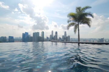 Close friends in a skyscraper pool happy living edge luxury vacation city panorama sights modern hotel relaxation sunset evening urban city skyline business tower view warm water having fun together
