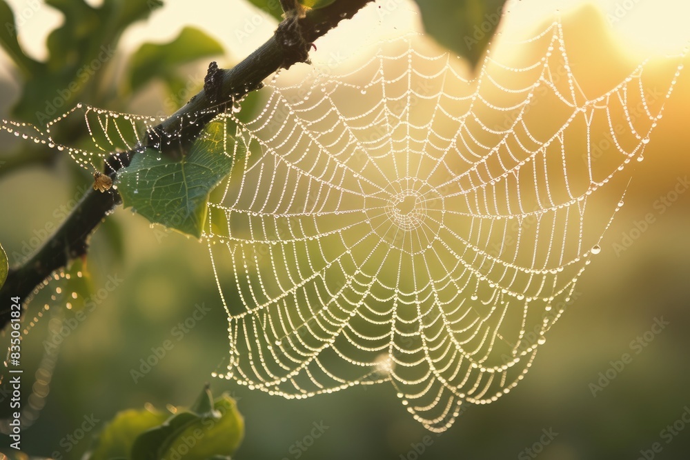Poster a spider web with water droplets on it, capture the delicate details of a dew-covered spider web in 