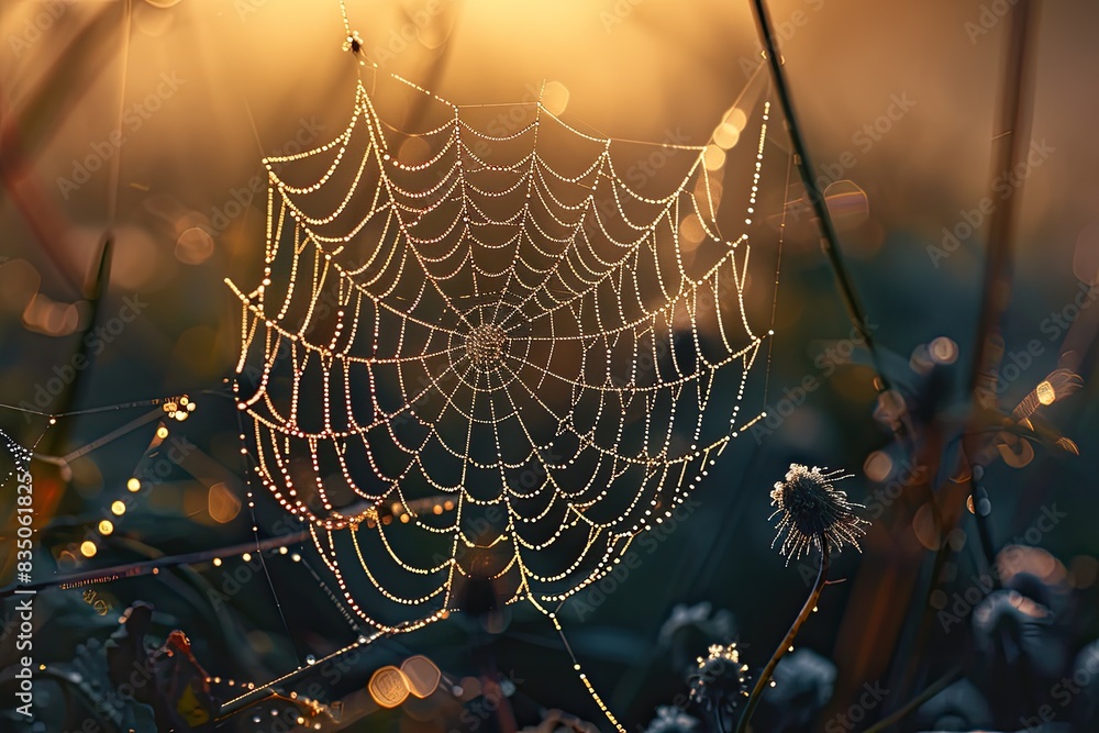 Poster a spider web with water droplets on it, capture the delicate details of a dew-covered spider web in 